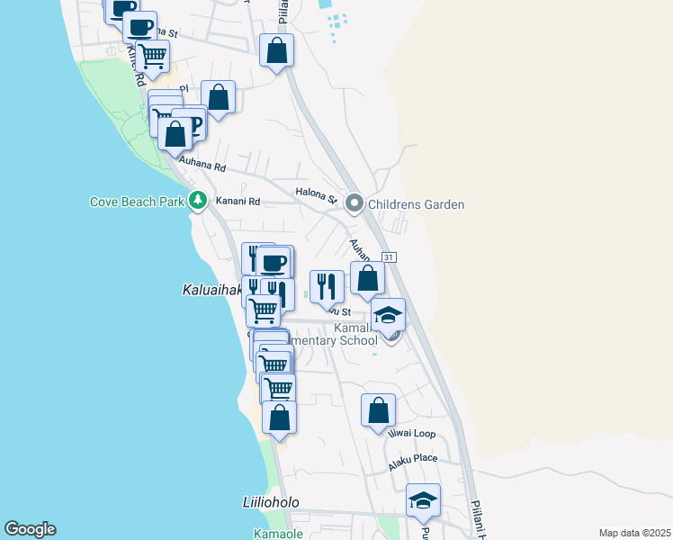 map of restaurants, bars, coffee shops, grocery stores, and more near 102 Kuli Puu Street in Kihei