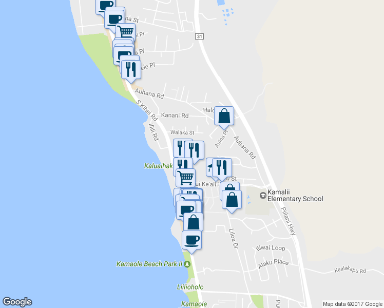 map of restaurants, bars, coffee shops, grocery stores, and more near 2219 South Kihei Road in Kihei