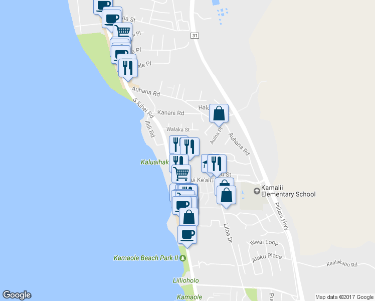 map of restaurants, bars, coffee shops, grocery stores, and more near 2219 South Kihei Road in Kihei
