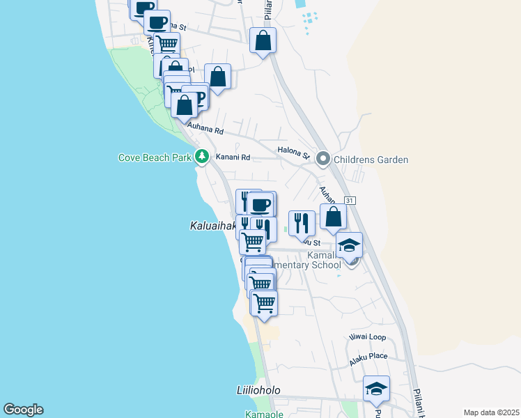 map of restaurants, bars, coffee shops, grocery stores, and more near 2219 South Kihei Road in Kihei