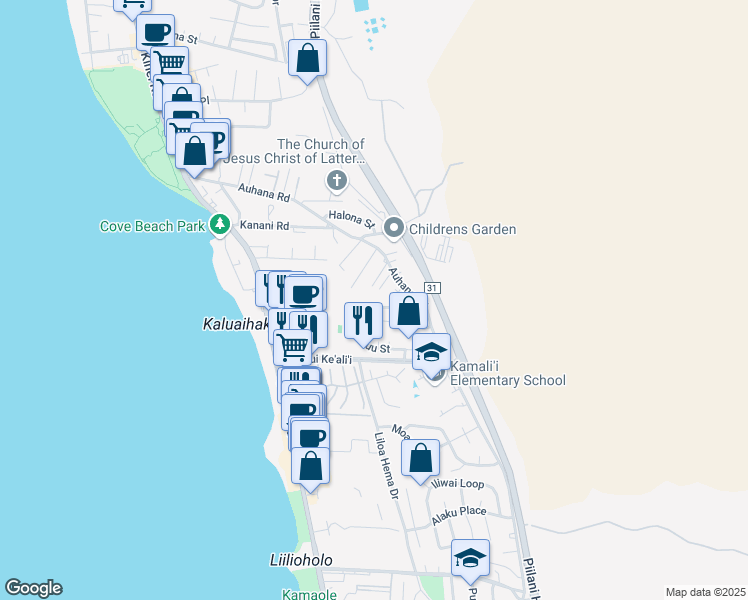 map of restaurants, bars, coffee shops, grocery stores, and more near 2199 Auina Place in Kihei