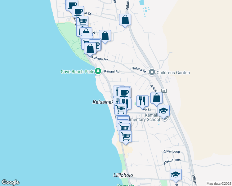 map of restaurants, bars, coffee shops, grocery stores, and more near 2219 South Kihei Road in Kihei