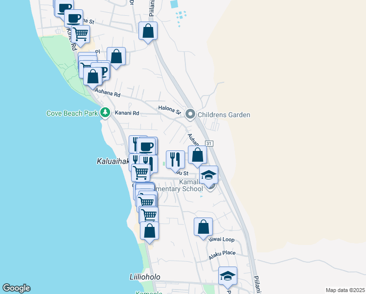 map of restaurants, bars, coffee shops, grocery stores, and more near 2189 Aluna Place in Kihei