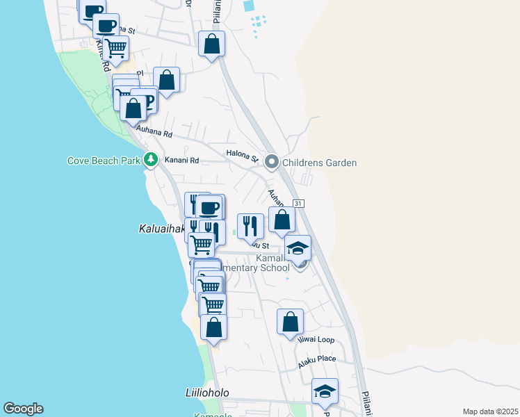 map of restaurants, bars, coffee shops, grocery stores, and more near 2189 Aluna Place in Kihei