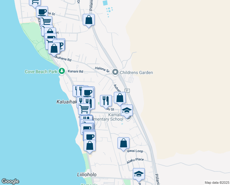 map of restaurants, bars, coffee shops, grocery stores, and more near 390 Auhana Road in Kihei