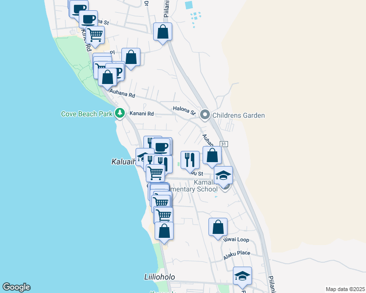 map of restaurants, bars, coffee shops, grocery stores, and more near 2217 Auina Place in Kihei