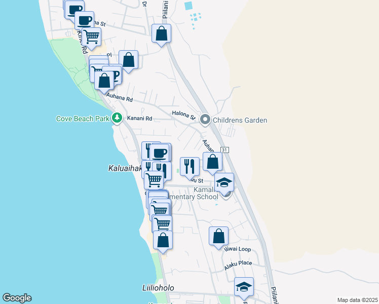 map of restaurants, bars, coffee shops, grocery stores, and more near 326 Auhana Road in Kihei