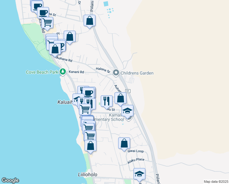 map of restaurants, bars, coffee shops, grocery stores, and more near 390 Auhana Road in Kihei