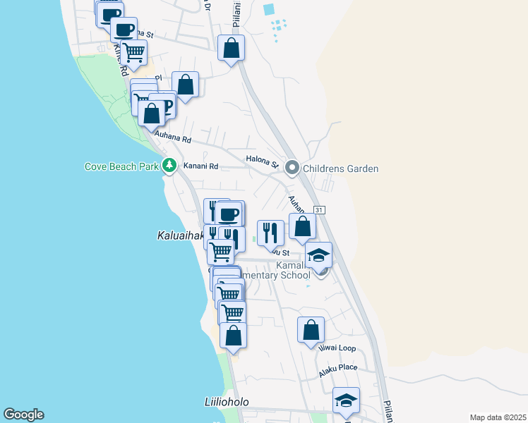 map of restaurants, bars, coffee shops, grocery stores, and more near 2209 Auina Place in Kihei