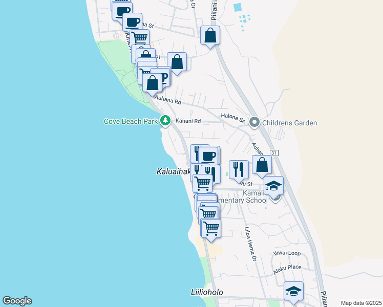 map of restaurants, bars, coffee shops, grocery stores, and more near 2191 South Kihei Road in Kihei