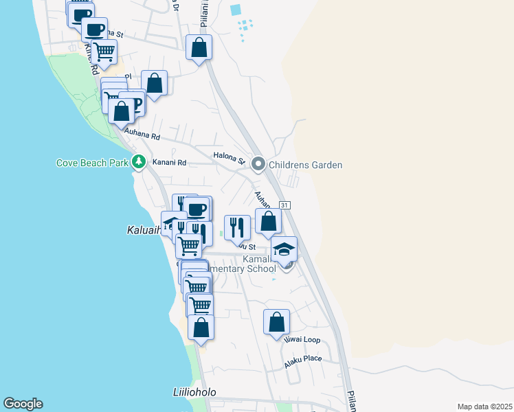 map of restaurants, bars, coffee shops, grocery stores, and more near 364 Auhana Road in Kihei