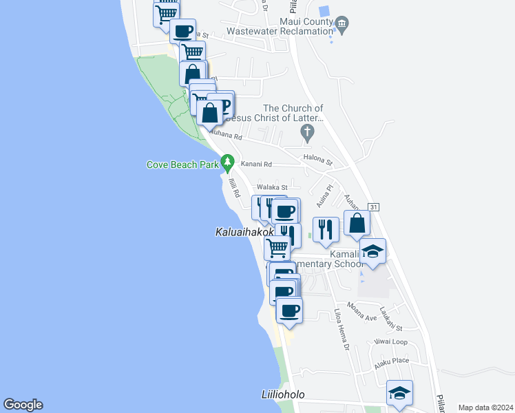 map of restaurants, bars, coffee shops, grocery stores, and more near 2219 South Kihei Road in Kihei