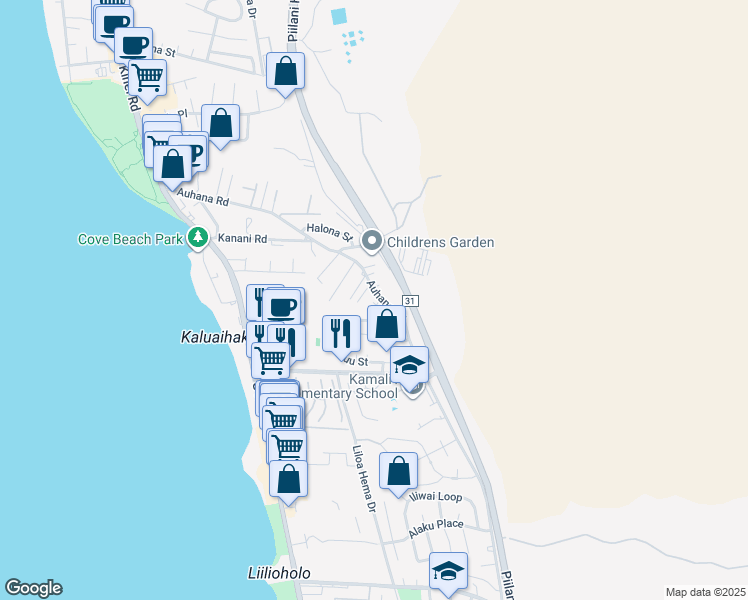 map of restaurants, bars, coffee shops, grocery stores, and more near 364 Auhana Road in Kihei