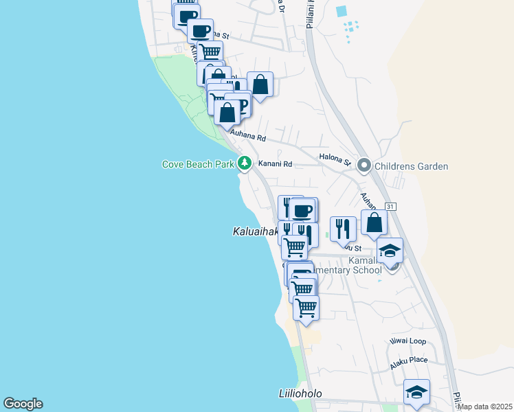 map of restaurants, bars, coffee shops, grocery stores, and more near 2192 Iliili Road in Kihei