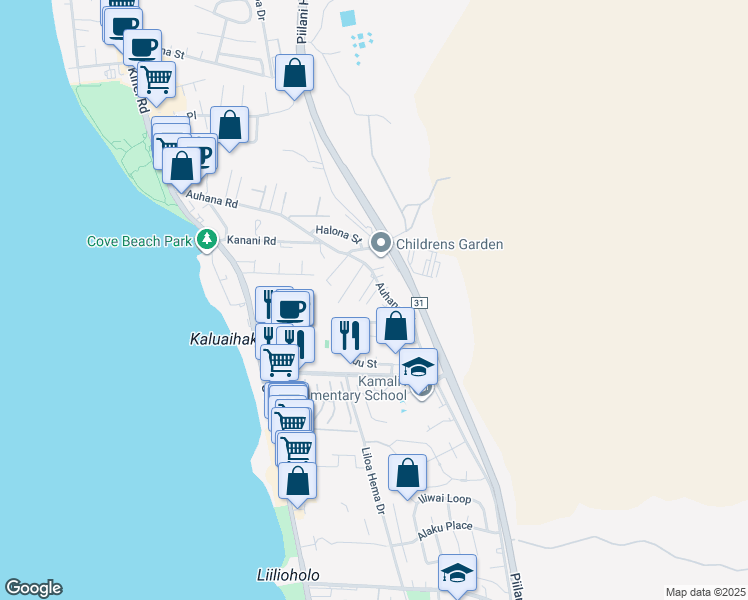 map of restaurants, bars, coffee shops, grocery stores, and more near 2169 Aluna Place in Kihei