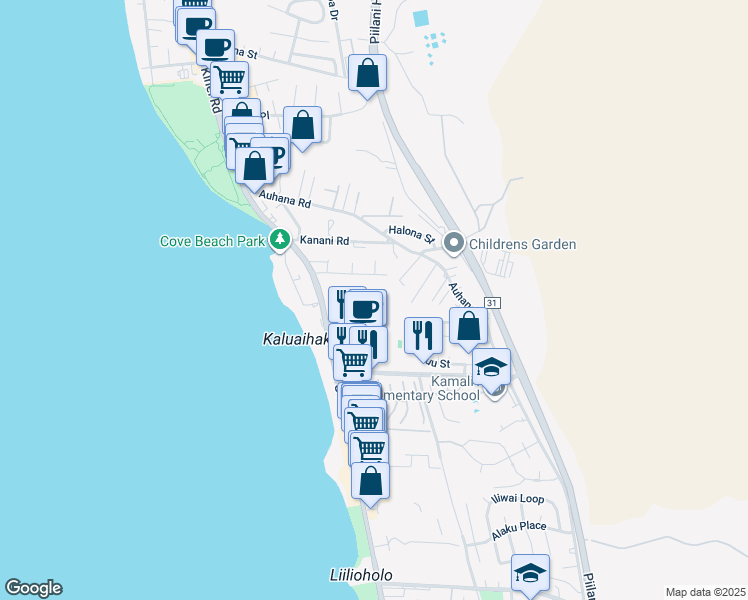 map of restaurants, bars, coffee shops, grocery stores, and more near 2191 South Kihei Road in Kihei