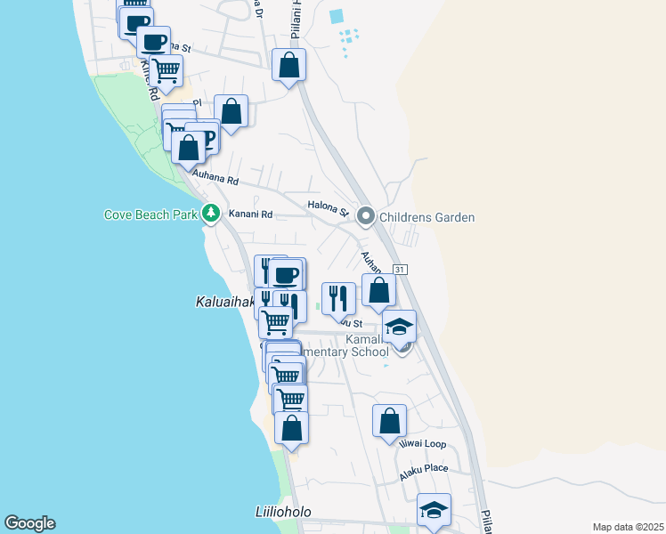 map of restaurants, bars, coffee shops, grocery stores, and more near 2199 Auina Place in Kihei