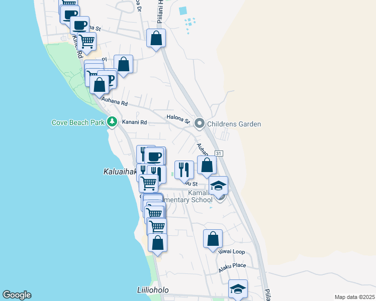 map of restaurants, bars, coffee shops, grocery stores, and more near 326 Auhana Road in Kihei