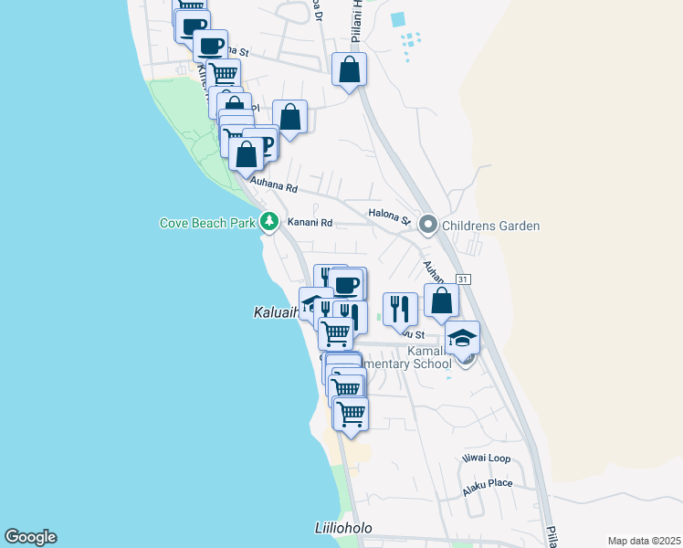 map of restaurants, bars, coffee shops, grocery stores, and more near 2191 South Kihei Road in Kihei