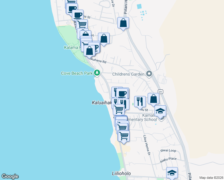 map of restaurants, bars, coffee shops, grocery stores, and more near 2191 South Kihei Road in Kihei