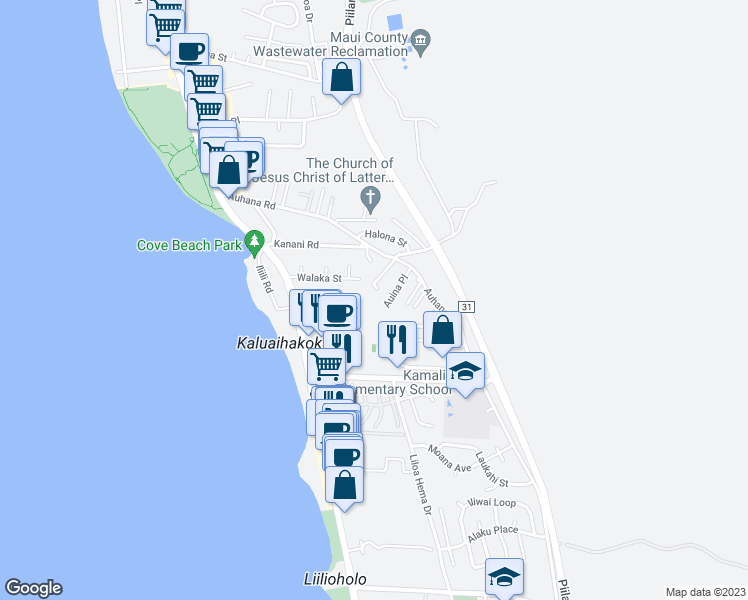 map of restaurants, bars, coffee shops, grocery stores, and more near 2208 Haukai Place in Kihei