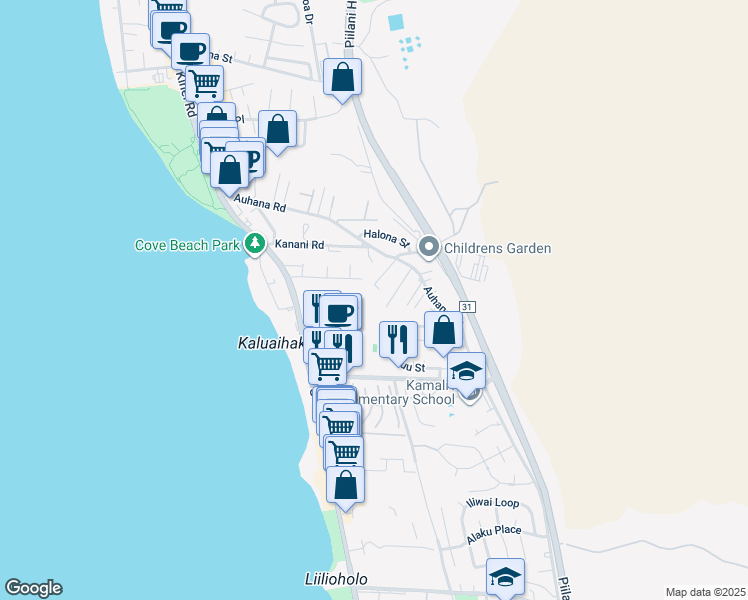 map of restaurants, bars, coffee shops, grocery stores, and more near 2208 Haukai Place in Kihei