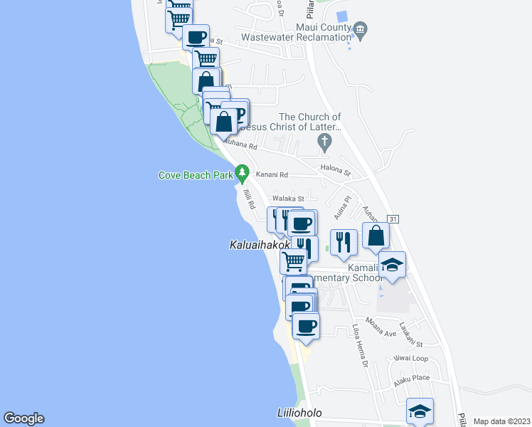 map of restaurants, bars, coffee shops, grocery stores, and more near 2180 South Kihei Road in Kihei