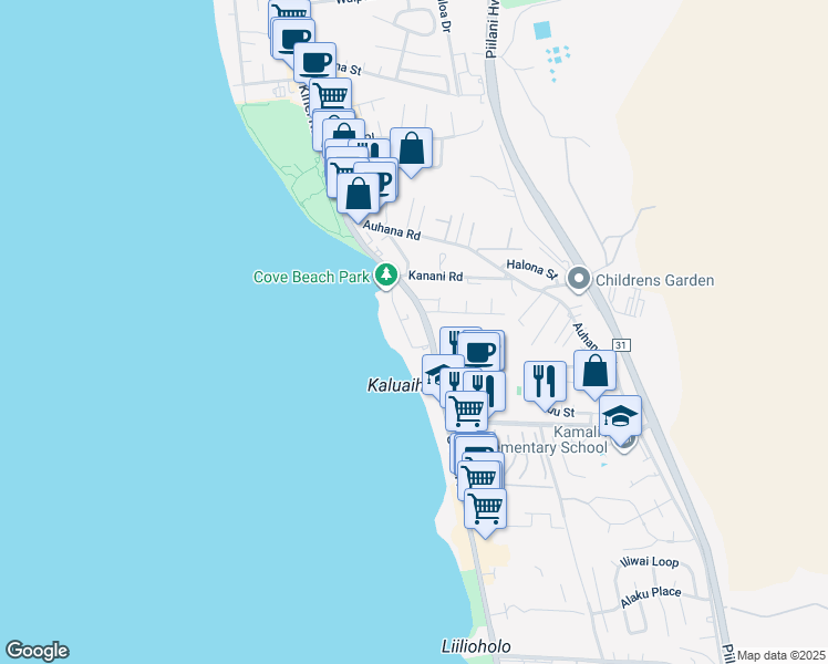 map of restaurants, bars, coffee shops, grocery stores, and more near 2181 Iliili Road in Kihei