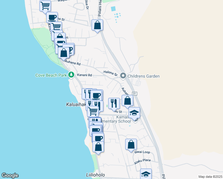 map of restaurants, bars, coffee shops, grocery stores, and more near 2190 Auina Place in Kihei