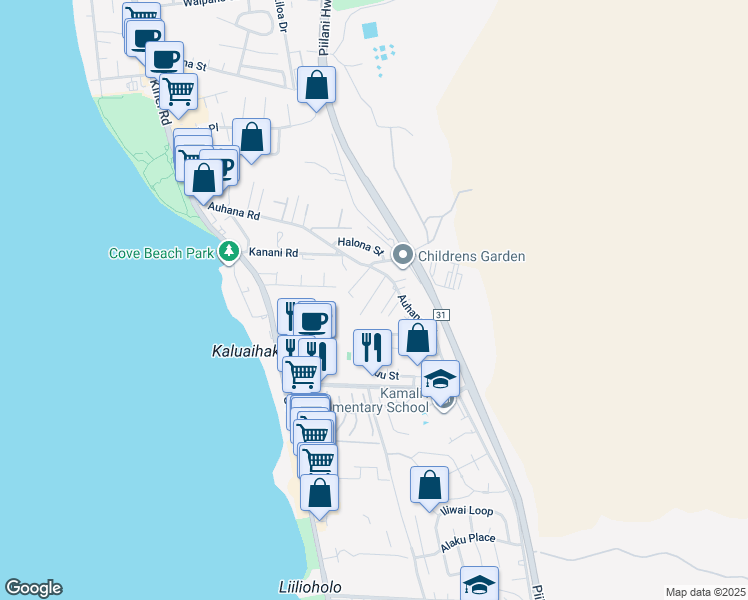 map of restaurants, bars, coffee shops, grocery stores, and more near 2181 Auina Place in Kihei