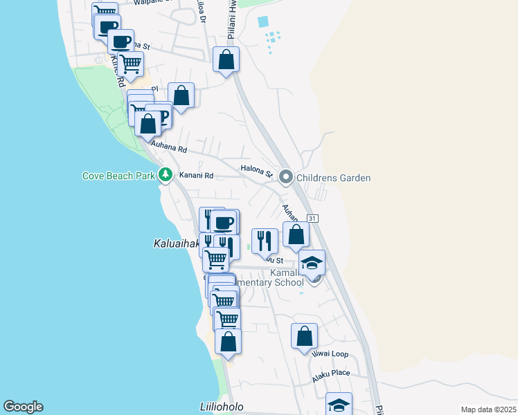 map of restaurants, bars, coffee shops, grocery stores, and more near 2190 Auina Place in Kihei