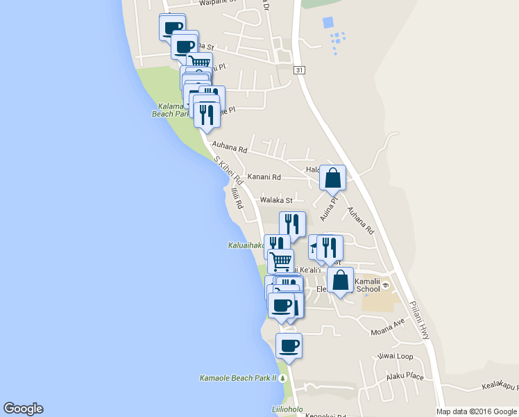 map of restaurants, bars, coffee shops, grocery stores, and more near 2191 South Kihei Road in Kihei