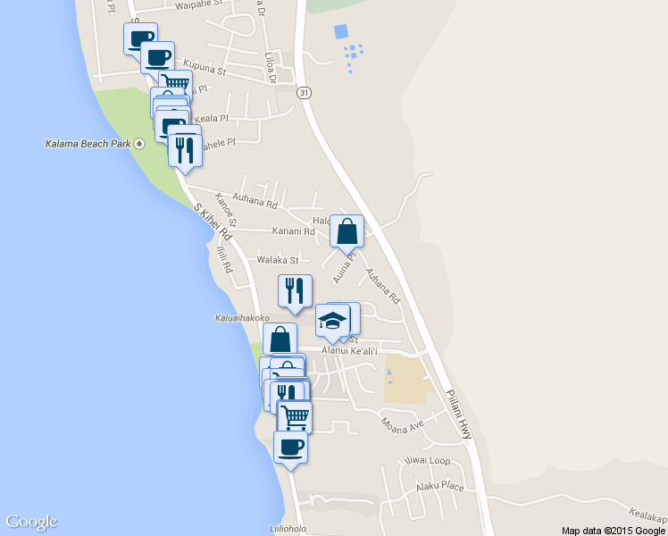 map of restaurants, bars, coffee shops, grocery stores, and more near 2181 Haukai Place in Kihei