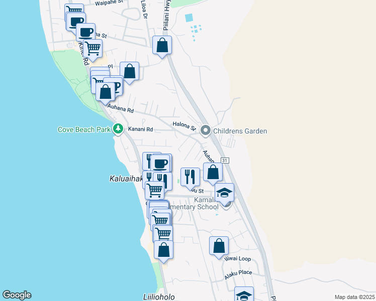 map of restaurants, bars, coffee shops, grocery stores, and more near 2180 Auina Place in Kihei
