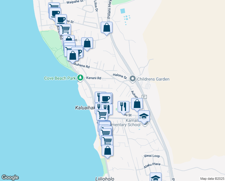 map of restaurants, bars, coffee shops, grocery stores, and more near 112 Walaka Street in Kihei