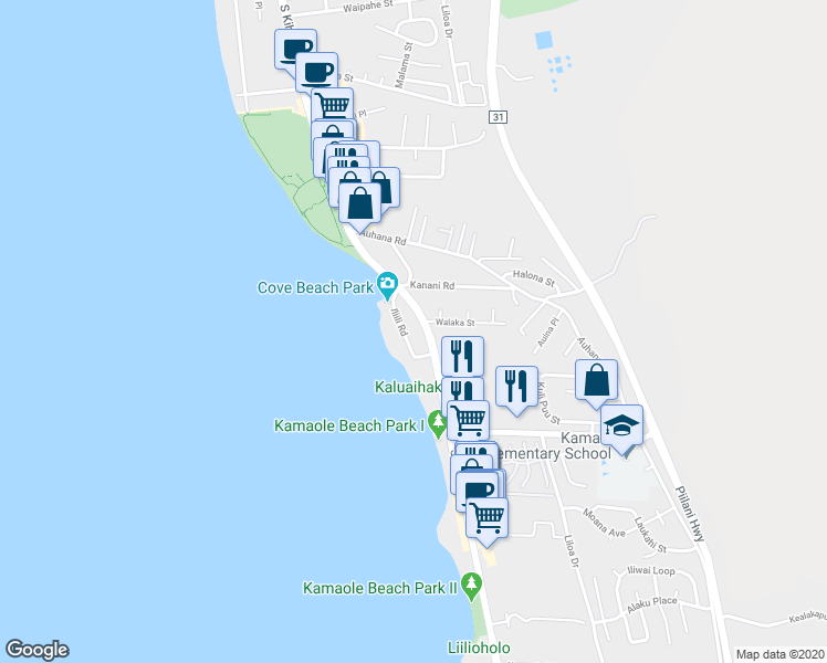 map of restaurants, bars, coffee shops, grocery stores, and more near 2165 Iliili Road in Kihei