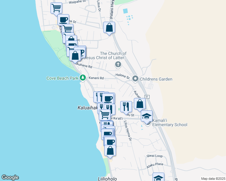 map of restaurants, bars, coffee shops, grocery stores, and more near 88 Walaka Street in Kihei