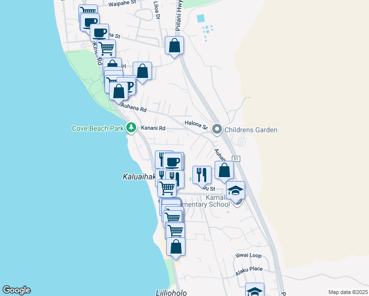map of restaurants, bars, coffee shops, grocery stores, and more near 112 Walaka Street in Kihei