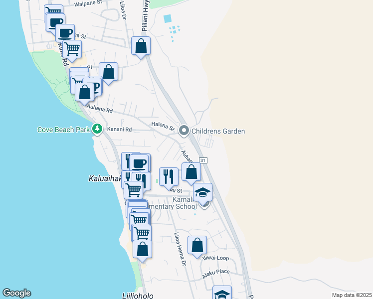 map of restaurants, bars, coffee shops, grocery stores, and more near 345 Auhana Road in Kihei