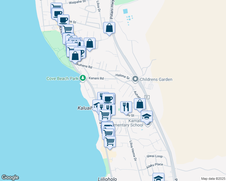 map of restaurants, bars, coffee shops, grocery stores, and more near 88 Walaka Street in Kihei