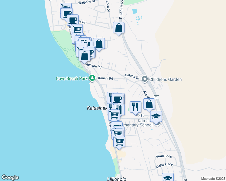 map of restaurants, bars, coffee shops, grocery stores, and more near 52 Walaka Street in Kihei