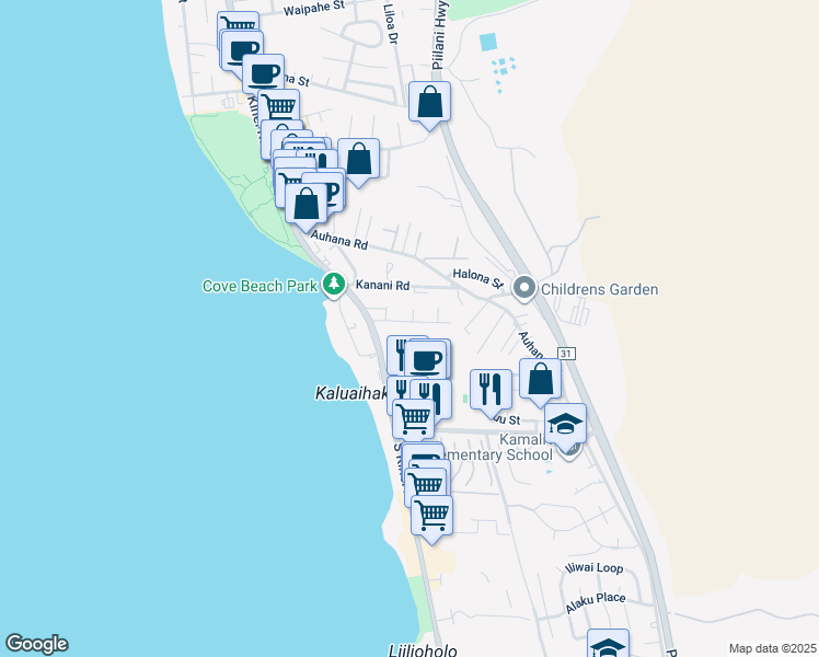 map of restaurants, bars, coffee shops, grocery stores, and more near 52 Walaka Street in Kihei