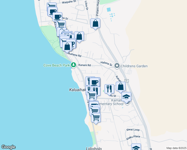 map of restaurants, bars, coffee shops, grocery stores, and more near 68 Walaka Street in Kihei