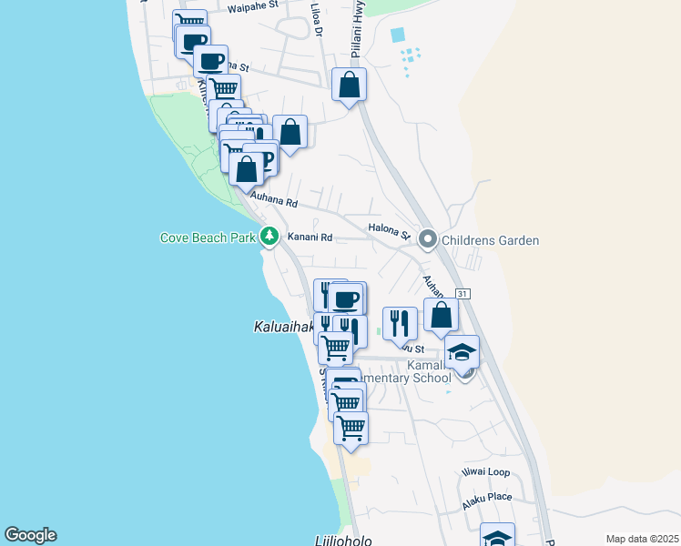 map of restaurants, bars, coffee shops, grocery stores, and more near 68 Walaka Street in Kihei
