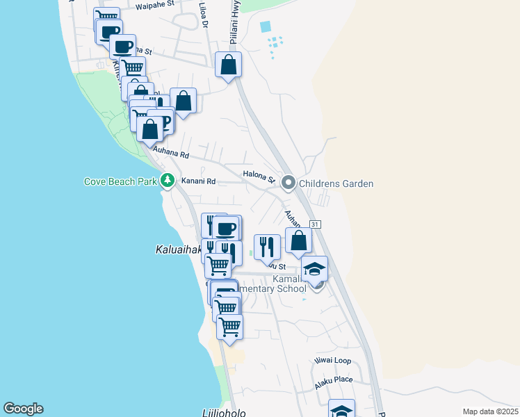 map of restaurants, bars, coffee shops, grocery stores, and more near 2181 Haukai Place in Kihei