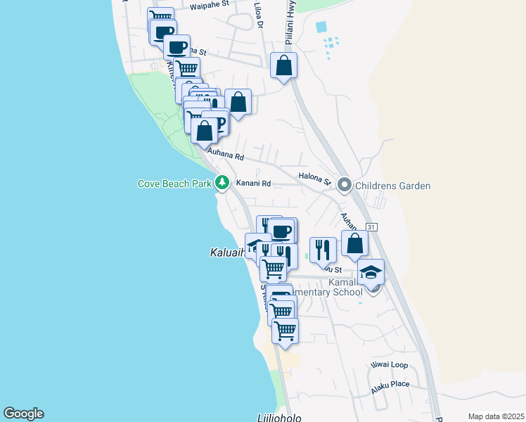 map of restaurants, bars, coffee shops, grocery stores, and more near 36 Walaka Street in Kihei