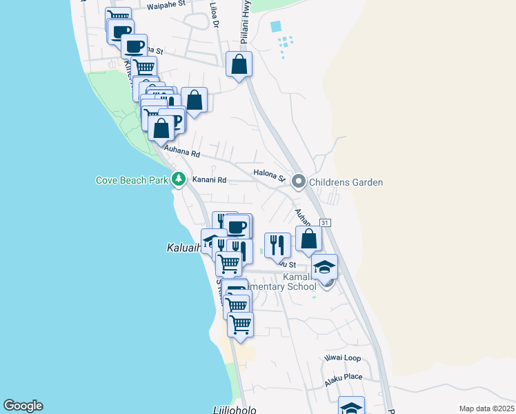 map of restaurants, bars, coffee shops, grocery stores, and more near 2196 Haukai Place in Kihei