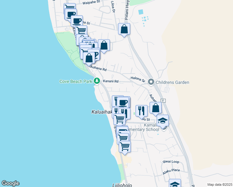 map of restaurants, bars, coffee shops, grocery stores, and more near 35 Walaka Street in Kihei