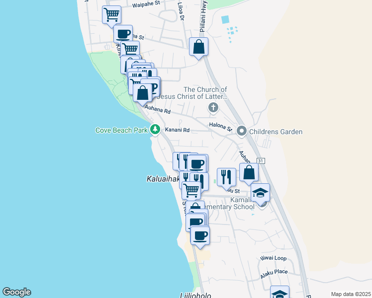 map of restaurants, bars, coffee shops, grocery stores, and more near 46 Walaka Street in Kihei