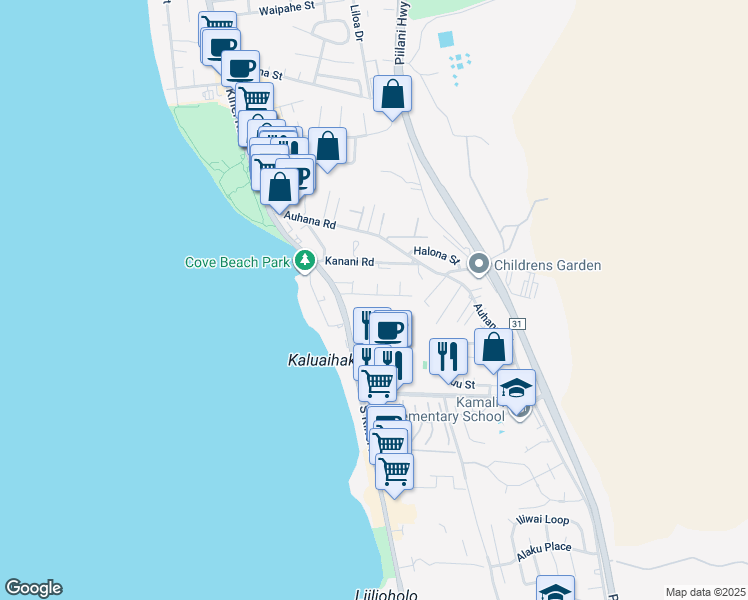 map of restaurants, bars, coffee shops, grocery stores, and more near 52 Walaka Street in Kihei